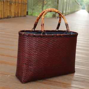 Handmade Bamboo Woven <b>Tote</b> Bag Solid Color <b>Canvas</b> Lining Japanese Style Women's Handheld Crossbody Bag - Product Image 2