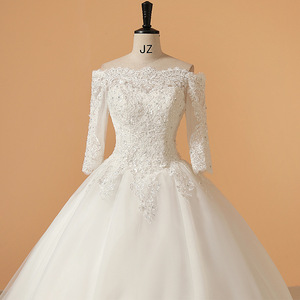 <b>White</b> Off The Shoulder Ball Gown Wedding Dress With Train Organza Over Chantilly <b>Lace</b> Sweetheart Neckline Natural Waistline - Product Image 4