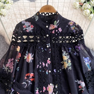 Vestido Floral grande con cuello levantado <span class=keywords><strong>para</strong></span> romper el café <span class=keywords><strong>para</strong></span> mujer, falda larga de cintura con temperamento regordete <span class=keywords><strong>para</strong></span> vacaciones - Product Image 3