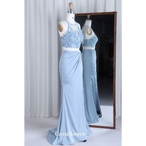 दो टुकड़े ब्राइड्समेड ड्रेस ब्लू हैल्टर साइड स्प्लिट मर्मेड शाम सटन महिलाओं के लिए कपड़े पहने - Product Image 2