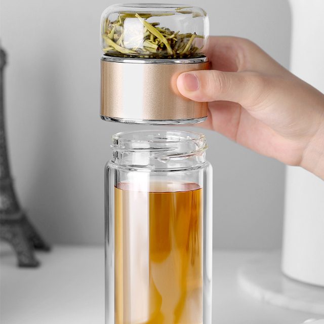 New Glass Tea Infuser Bottle 7oz High Borosilicate Glass Double Layer Tea Water Cup Travel Mug With Strainer