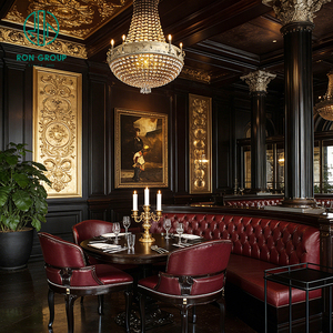 Ensemble de table et de chaises de café rondes en bois de style européen classique, banquette en cuir rouge semi-circulaire, ensemble de meubles de restaurant - Product Image 5