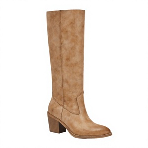 <b>Vintage</b> Distressed PU Knee-High Boots for Women Fashion Chunky Block <b>Heel</b> Round Toe ZIP Closure Western Boots - Product Image 3