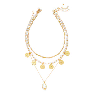 <span class=keywords><strong>Collier</strong></span> multicouche en alliage de perles plaqué or avec pendentif pièce de monnaie, style affirmé pour femme - Product Image 5