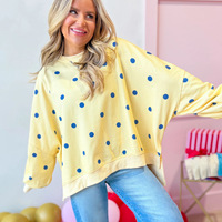 Sweat-shirt décontracté surdimensionné jaune à pois pour femme, col rond, manches longues lanternes, fente latérale, personnalisable, grandes tailles