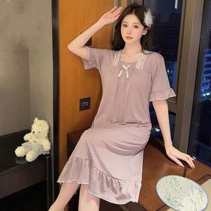 ชุดนอนแบบถักสำหรับผู้หญิงชุดนอนแขนสั้นระบายอากาศได้ดีสไตล์เจ้าหญิงหรูหราสำหรับฤดูร้อนปรับแต่งได้ - Product Image 2