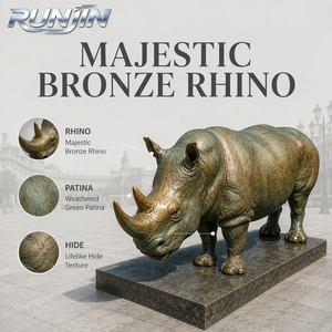 Sculpture de rhinocéros grandeur nature en bronze, réaliste, sur pied, patine verte antique, pour extérieur, art métallique animalier, pour place publique et jardin, fabricant sur mesure - Product Image 2