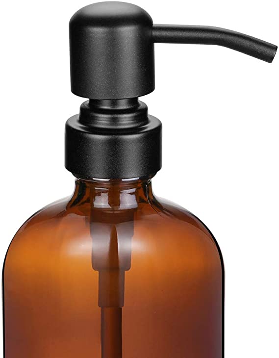 16oz   Boston Round Bottles Thick Amber Glass Soap Dispenser with Stainless Steel Pump