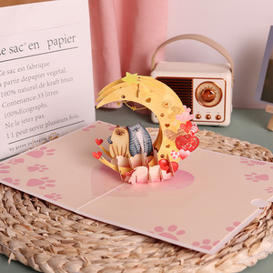 Pop-up động vật dễ thương với mèo trên mặt trăng và hình trái tim nhà máy thiệp chúc mừng Ngày Valentine 3D trong kho - Product Image 4