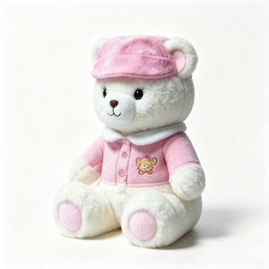 Customized Embroidered bear design on pink top,Soft fuzzy teddy bear with pink accents,Sitting pose dressed teddy bear plush - Product Image 2