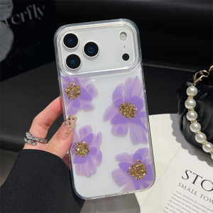 Funda para iPhone 17 16 15 14 13 Pro Max con diseño de flor de lámina dorada, resina brillante, degradado transparente y cubierta trasera de PC IMD con efecto bling - Product Image 6