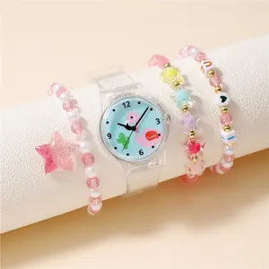 7004 Best Sell Cheap 4pcs Set Lovely Flamingo Children's Watches Sets PU Transparent Jelly Watch Girls DIY Bracelet Gift