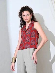 Dusk in Red Casual Summer Woven Notch Collar Camisa sin mangas con tapeta frontal 100% algodón de secado rápido - Product Image 4