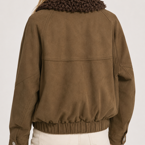 Women's Brown <b>Suede</b> Bomber <b>Jacket</b> With Faux Fur Collar Zipper Closure Autumn Windproof Short Coat <b>Leather</b> <b>Jacket</b> - Product Image 5