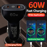Chargeur de voiture personnalisé en gros 60W GaN Tech PD3.0 PPS Type-C Type-A double port avec indicateur LED pour ordinateur portable, téléphone et tablette