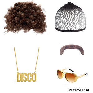 Accessoires de tenue des années 1970 : <span class=keywords><strong>Perruque</strong></span> afro brune avec filet à cheveux, fausse moustache, collier disco doré, lunettes de soleil vintage, fête sur le thème du disco - Product Image 2