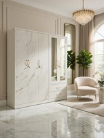 Armario Metálico con Puertas Batientes, Base Blanca, Vetas Doradas de Mármol, con Espejo y Cajones, Muebles Modernos para Dormitorio