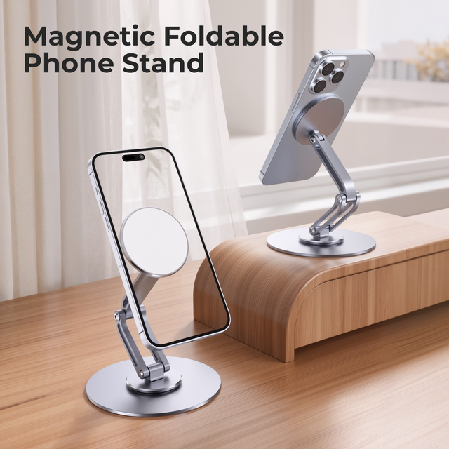 Portable Magnetic Desk Cell Phone Stand 360° Rotation Phone Holder Height Adjustable Tablet Table Phone Mount for Home Office