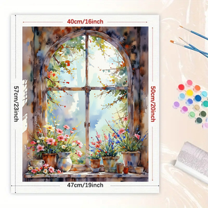 Kit de pintura de ventana de flores por números para adultos-Flores en maceta DIY por Ventana arqueada rústica 16x20 pulgadas, regalos de arte sin marco - Product Image 2