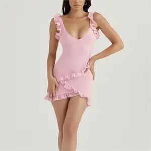 Wholesale Fashion Elegant Loose Printed Women Casual Elegant Pink Quartz Ruffle Design Hem Dress Mini Dress