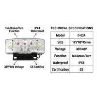 Luz trasera LED de acero para bicicleta eléctrica, montaje en el cuadro delantero, luz de freno de alta luminosidad, intermitentes, IPX4, 12-60V