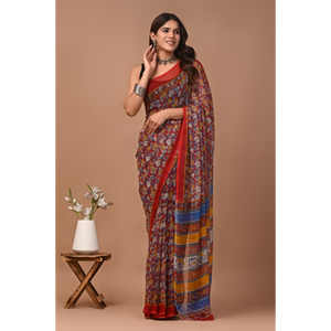 Sari de chifón doble diamante con estampado a mano, tejido de chifón doble diamante puro y ligero. |   Elegante |   Cómodo - Product Image 2