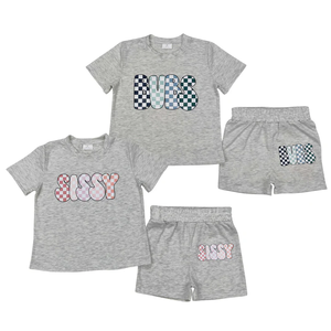 Ensemble de shorts gris imprimés RTS Kids Cute Sissy/Bubs, vêtements assortis pour frères et sœurs, tenues d'été pour petites filles et garçons - Product Image 1