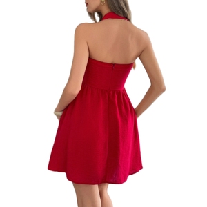 มินิเดรสเอวสูงมีสายคล้องคอแขนกุดแฟชั่นหรูหราสีทึบ - Product Image 4