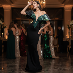 2021 SEQUIN EVENING DRESS PROM Short Sleeve Mermaid Silhouette Floor-Length Built-in Bra Crystal Beading Pattern Natural - Product Image 3