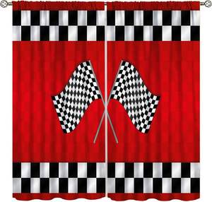 Rideaux pour enfants à thème voitures de course et véhicules de construction pour chambre de garçons, avec drapeaux de course rouges, lot de 2 panneaux - Product Image 2