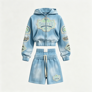 Conjunto <span class=keywords><strong>de</strong></span> 2 Piezas <span class=keywords><strong>de</strong></span> <span class=keywords><strong>Ropa</strong></span> Urbana <span class=keywords><strong>para</strong></span> <span class=keywords><strong>Hombre</strong></span>: Sudadera con Capucha y Cremallera con Parches Degradados y Efecto Desgastado por el Sol, Personalizable - Product Image 1