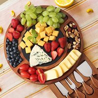 WanuoCraft Planche à fromage ronde en bois d'acacia, plateau en marbre, tiroir à couverts, plateau de service pour charcuterie, ensemble de couteaux dissimulé, épaisseur 4 cm