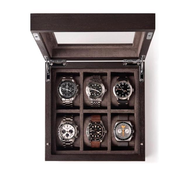 Luxury Wooden Watch Box Glass Top 6 Slots Dark Wood Storage Case Square Organizer Jewelry Display Holder