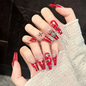 Faux ongles à presser faits main en gros, motif Saturne rouge, dégradé estival, strass 3D, luxe, réutilisables, personnalisables OEM ODM - Product Image 2