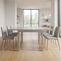 Table à manger extensible rectangulaire moderne et contemporaine en verre trempé avec pieds en métal, 6 places, pour salle à manger