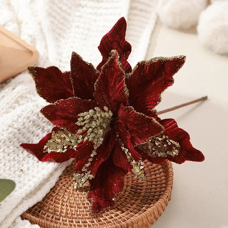 Flor de Navidad de Poinsettia de terciopelo artificial de alta calidad al por mayor para la decoración del hogar del banquete de boda flor de Navidad
