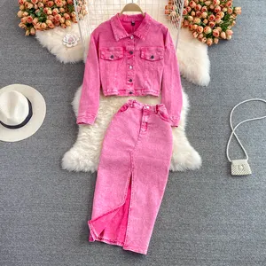 Розовый джинсовый пиджак, Женская юбка с высокой талией на бедрах, костюм из двух предметов, демисезонный Джинсовый комплект для женщин, топ и юбка