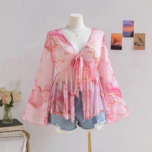 Women's Floral Print Tie Front Blouse - V-Neck Sleeve Peplum <b>Top</b> Shirt Fashion - Product Image 3