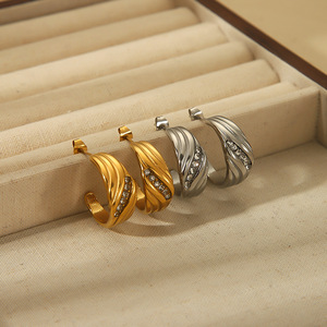 C Shaped Diamond Encrusted Stainless Steel Stud Earrings For Women <b>Titanium</b> Steel With Zircon Inlay Everyday Wear - Product Image 1