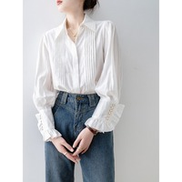 Nouvelle Collection Printemps 2026 – Blouse Blanche Plissée en Gros pour Femme, Manches Ballon, Boutons Perle, Style Chic Français, Élégante et Décontractée, Manches Longues