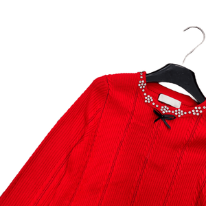 Suéter de punto acanalado con detalle de lazo de diamantes de imitación para mujer, top informal de manga larga con cuello redondo - Product Image 3