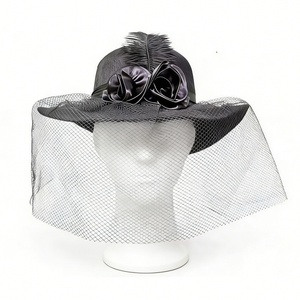 Sombrero Fascinador Vintage con Malla, Sombrero Fedora de Ala Ancha con Velo de Malla, Rosa de Satén y Pluma para Boda o Fiesta de Té - Product Image 6