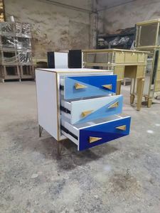 Credenza Blu Jonathan Adler in Legno Massello, Bianco Lucido, Stile Artistico Colorato, Set Consolle con Specchio - Product Image 4