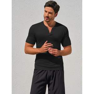 2025 hombres Slim Fit cuello en V Casual Henley camisa 280g peso gimnasio Atlético entrenamiento camiseta hilo teñido manga corta - Product Image 5
