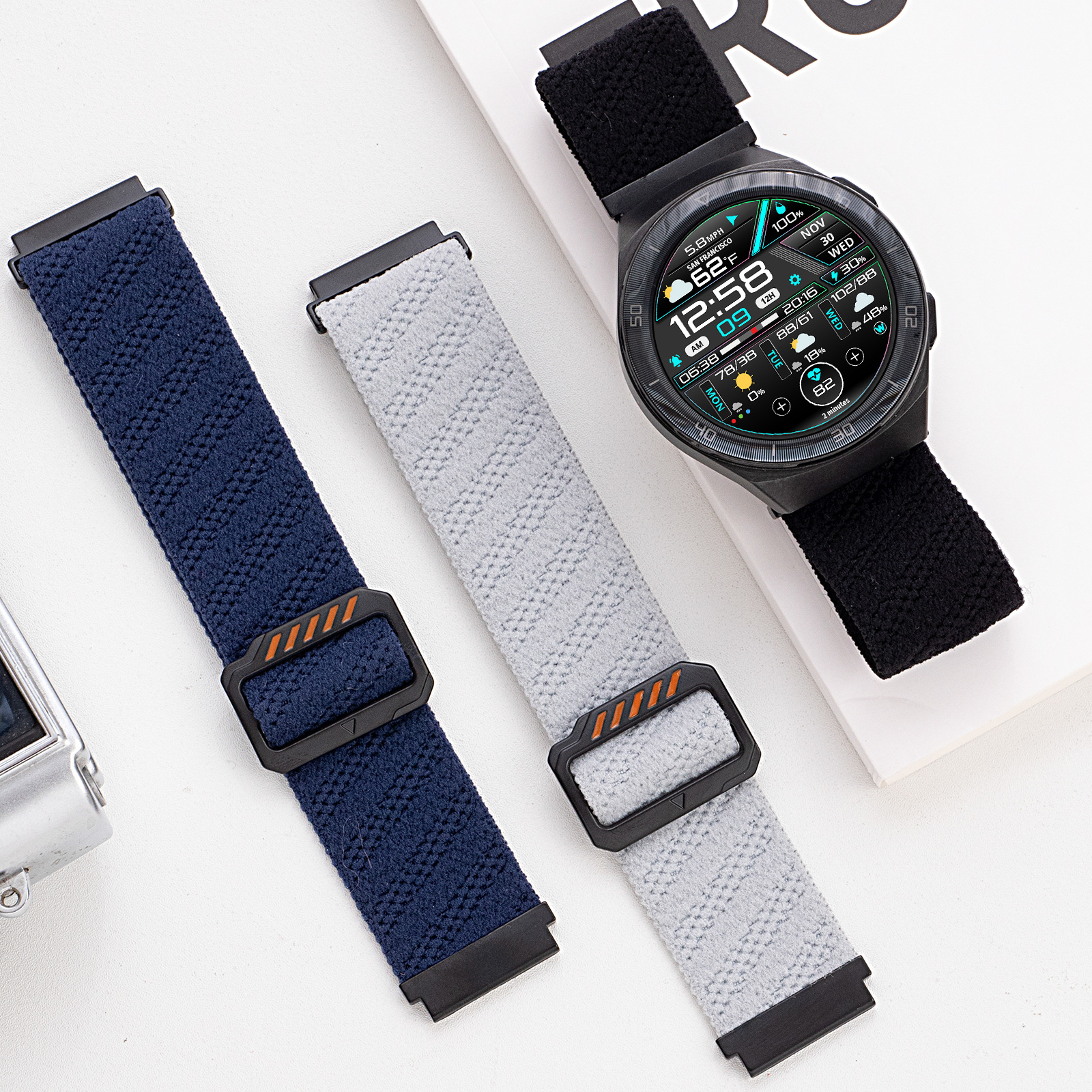 Unisex 22mm Breathable Fashionable Watchband Black Buckle Watch Strap for Huawei Watch GT4/5 Elastic Nylon Woven Braided