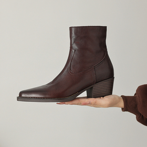 OEM/ODM 2025 New Women's Ankle <strong>Boots</strong> Cowhide Upper Pigskin Lining Non-Slip Rubber Sole 5cm Chunky <strong>Heel</strong> <strong>Brown</strong> CE ROHS Certified - Product Image 1