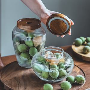 Bottiglia di <span class=keywords><strong>vetro</strong></span> di grande capacità con coperchio in legno in <span class=keywords><strong>vetro</strong></span> <span class=keywords><strong>Pyrex</strong></span> con coperchio in legno di acacia bottiglia di stoccaggio di stagno integrale sigillata - Product Image 2