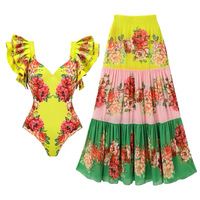 Maillot de bain une pièce imprimé contrasté TW et sarong pour femme 2024 Nouveau maillot de bain vintage à volants Maillot de bain de plage pour femme