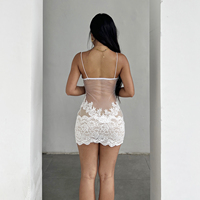 Robe de soirée moulante mini pour femme, sans manches, dos nu, transparente, en dentelle florale, style portefeuille, sexy