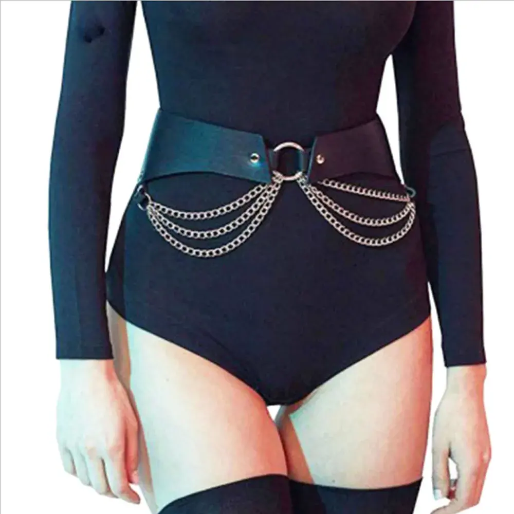 女性セクシーパンクメタルチェーンウエストバンドレザースカートベルトOリングベルトパーソナライズされたボンデージ装飾パンツベルト